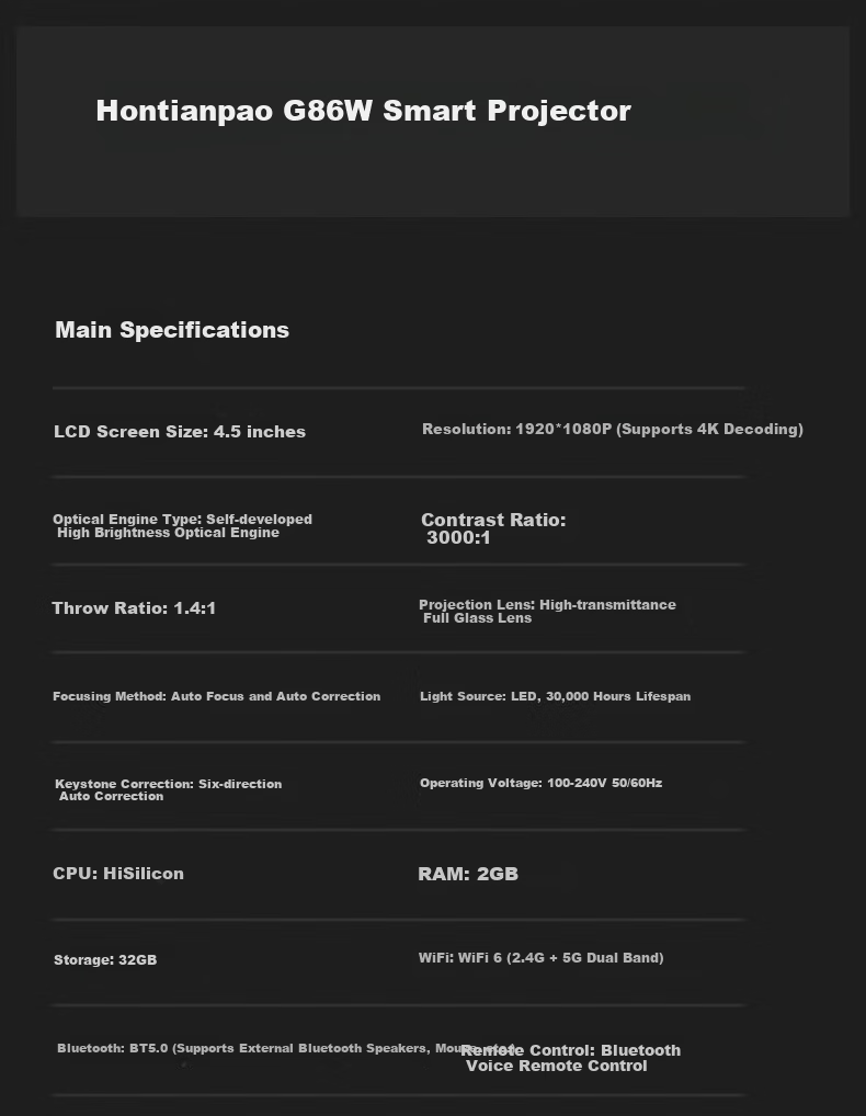 Hongtianpao G86W Projector Home Use Smart Home Theater Projector (TOF Laser Auto Focus 2+32GB Large Memory Daytime HD Direct Projection) 15
