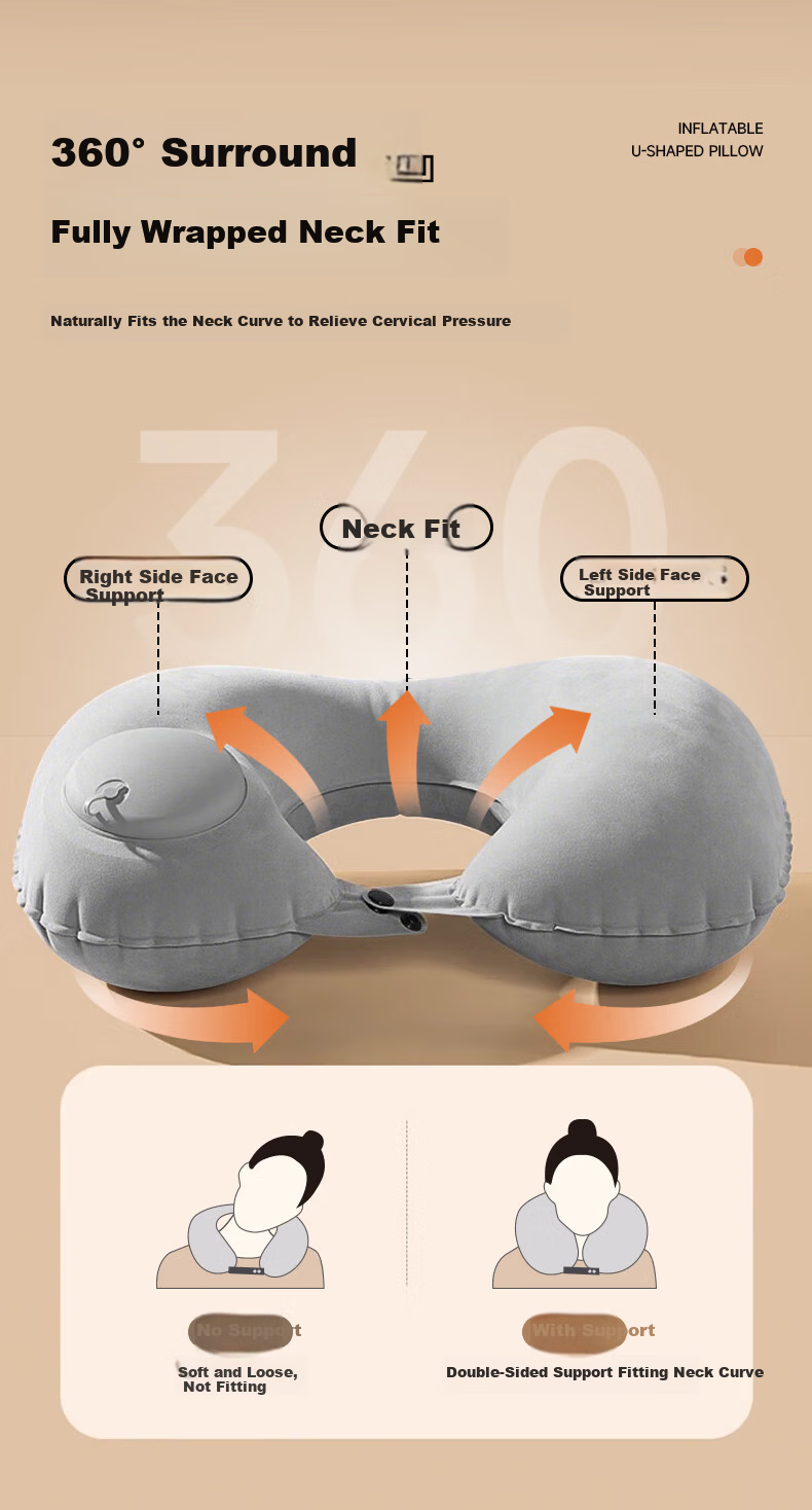 Baicaoyuan Inflatable U-Shaped Travel Pillow Portable Airplane Neck Pillow for Train and Flight Sleep Neck Support Cushion 5