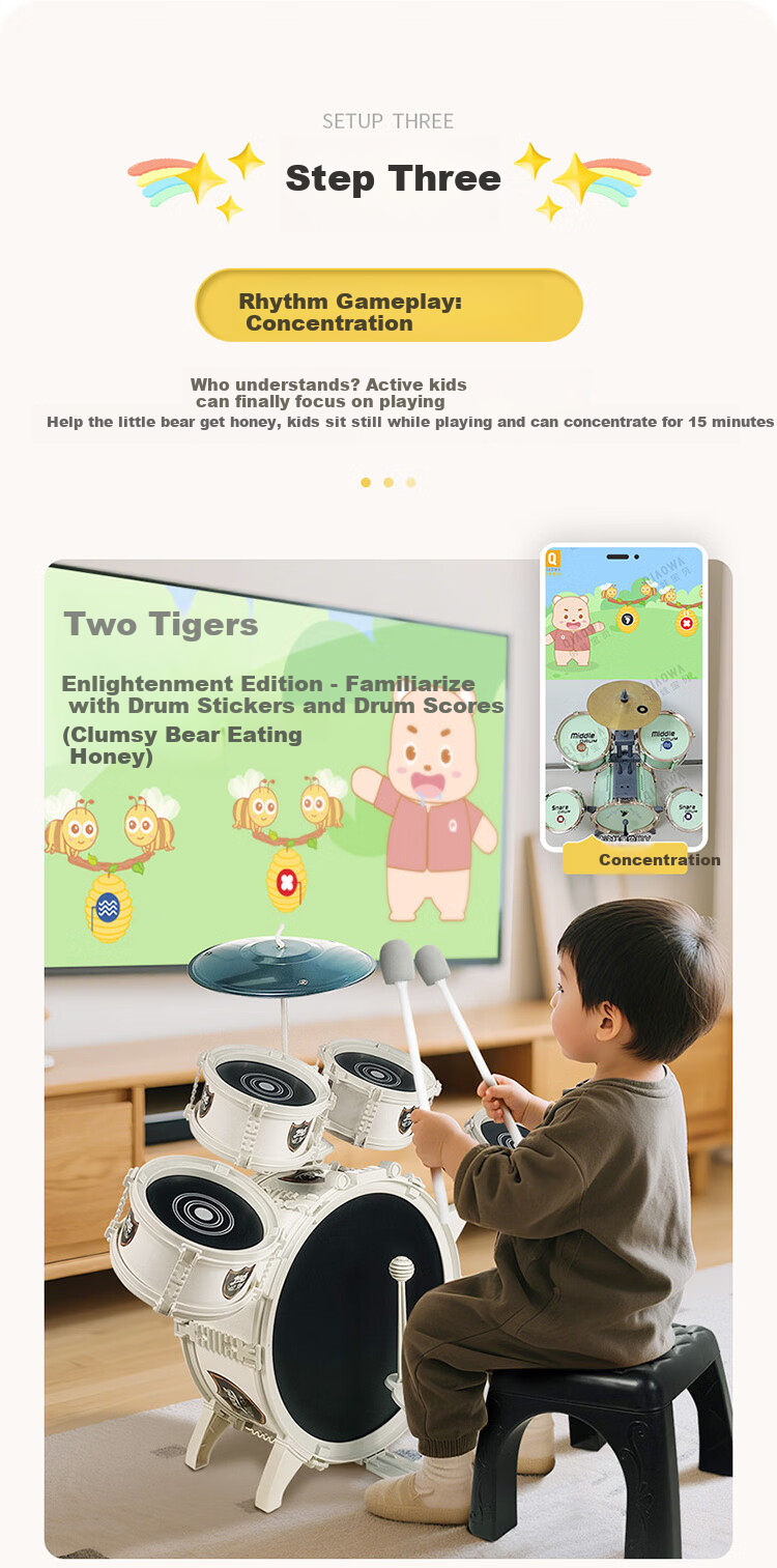 QIAO WA BAO BEI Children's Drum Set Jazz Drums Percussion Instrument for Ages 3-12, Home Practice Beginner Starter Kit Birthday Gift from 6 Brands 15