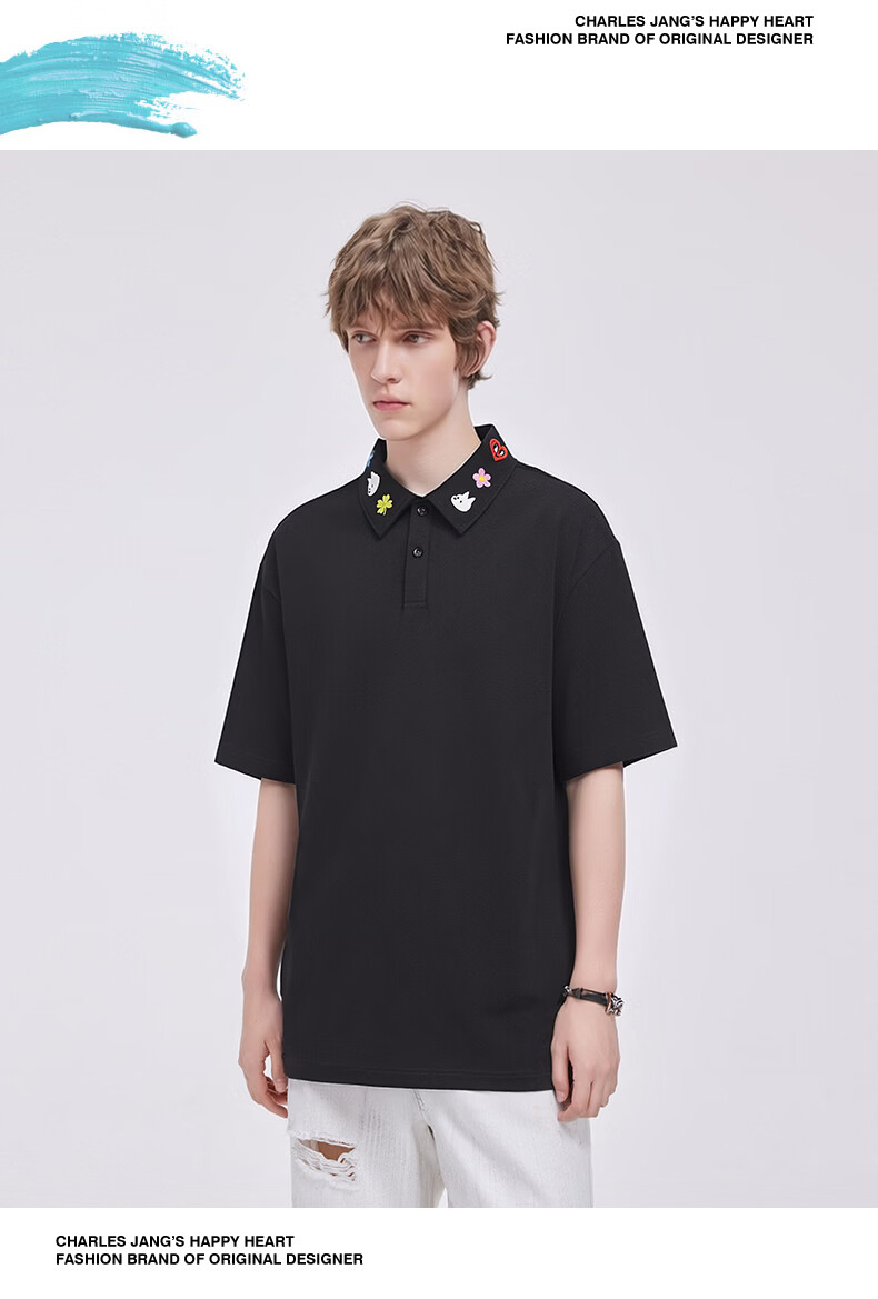 Charles Peach Heart Fresh Collar Cute Embroidered Couple Pure Cotton Short Sleeve Polo Shirt Unisex Casual Light Heather Gray XL 4