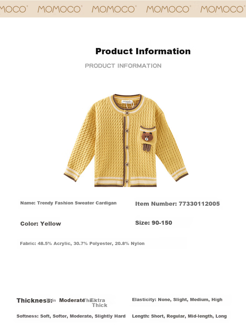 MOMOCO Boys' Cardigan Jacket Spring and Autumn Fashion Sweater Yellow Size 105 5