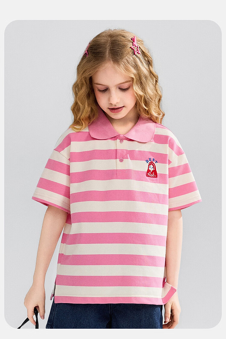 ASK JUNIOR Kids Summer Thin T-Shirt Youth Polo Shirt Striped Short Sleeve Running Sports Top for Girls Pink White 6