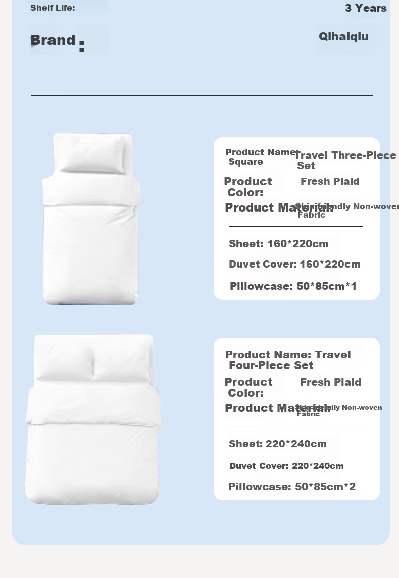 Qihaiqiu Disposable 3-Piece Bedding Set Thickened Sheet Duvet Cover Pillowcase Portable Single Hotel Travel Business Blue Gray Plaid 13