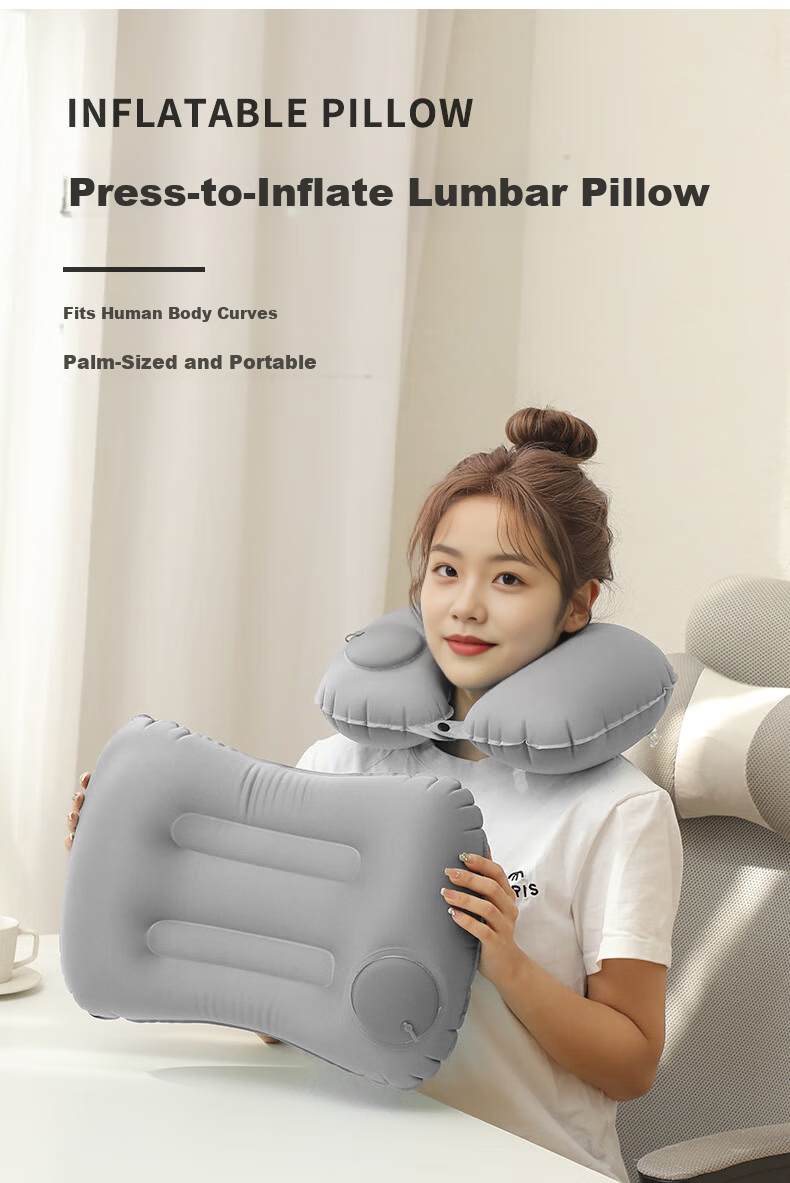 JAJALIN Inflatable Travel Pillow Press-to-Inflate Portable Lumbar Support Nap Pillow Gray 1