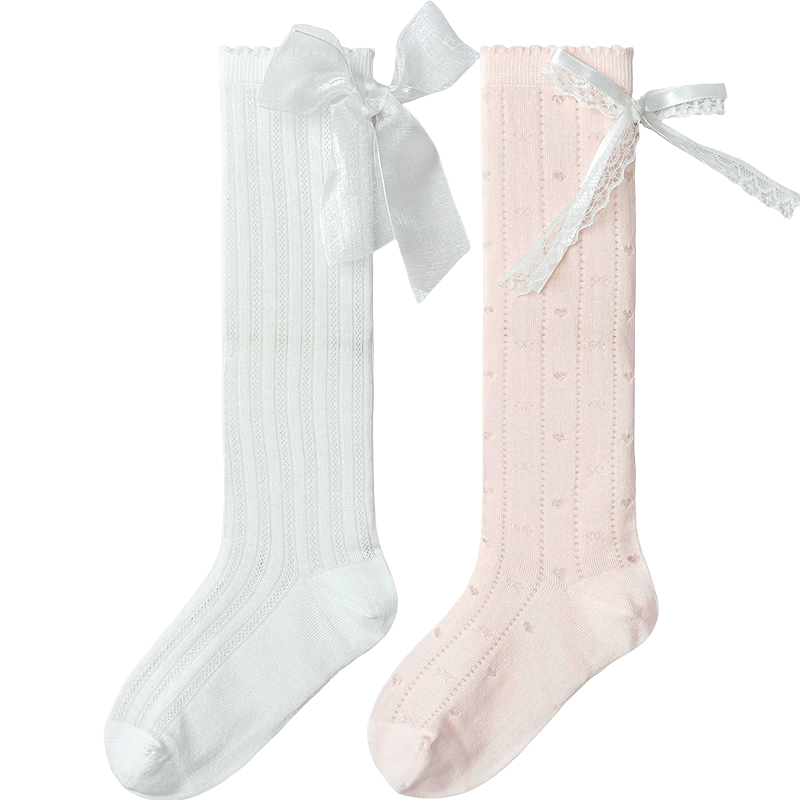 Balabala Girls' Summer Mesh Breathable Thin Mid-Calf Socks Sweet Bow Cotton Stretch 2 Pairs Set