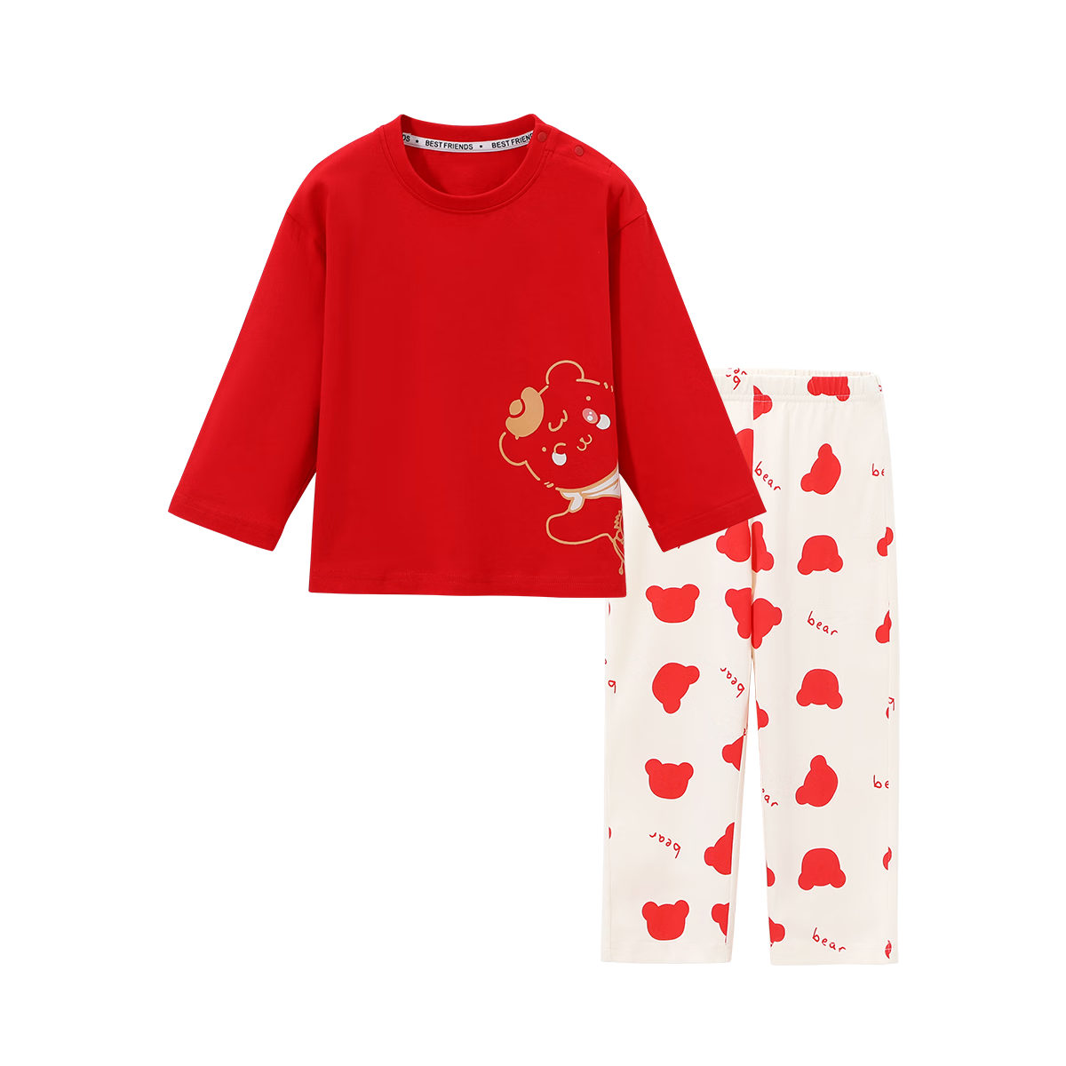 Classic Teddy Children's Pajamas, Boys And Girls Home Wear, Zodiac Year Long-Sleeve Set, Pure Cotton Breathable 2-Piece Set, Bear Design, Size 100