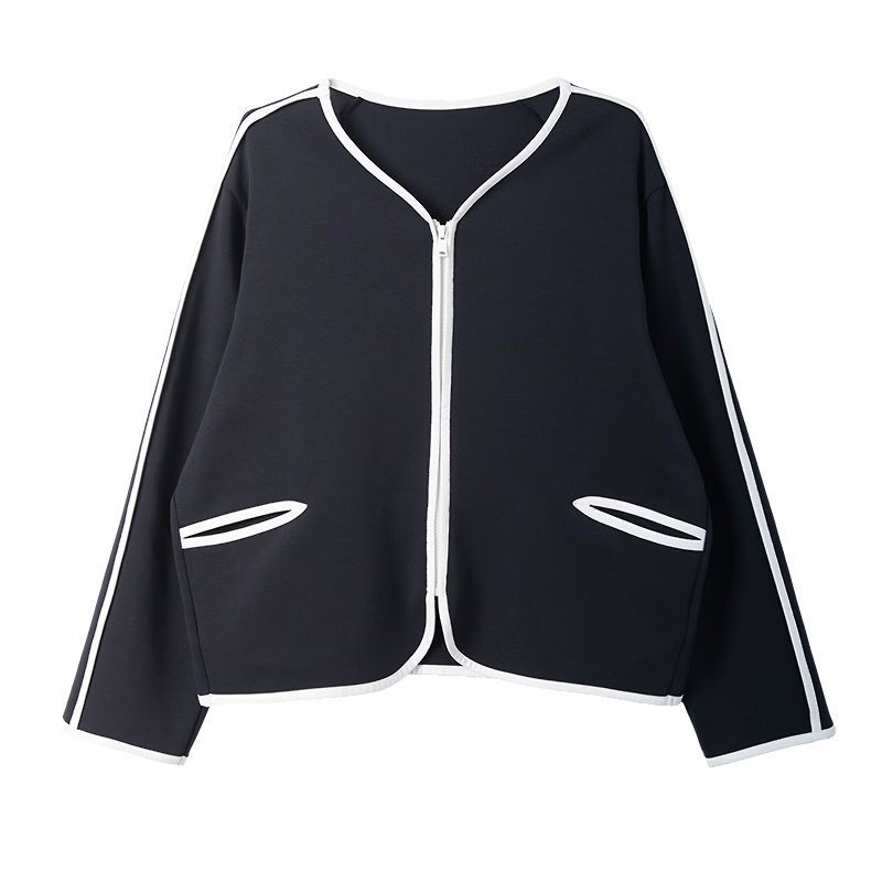 Demana 350G Air Layer Spring Cozy Little Fragrance V-Neck Color-Block Boxy Short Loose Women's Jacket