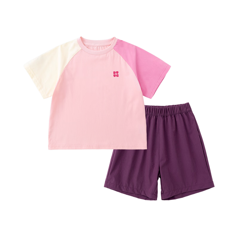 Dudu Kids Colorblock Summer Set Boys Two-Piece Sportswear Girls Short Sleeve T-Shirt Shorts Light Pink 110
