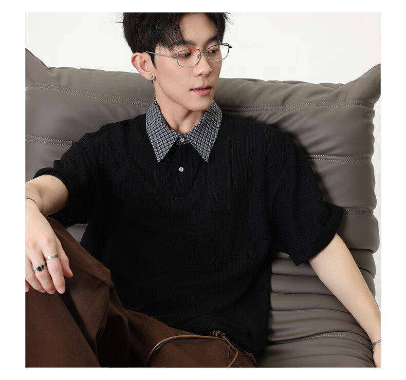 MMOPTOP Vintage Two-in-One Short Sleeve Plaid Jacquard Polo Shirt Men Summer Loose Fit Collared T-Shirt MP21 Black 3XL 15