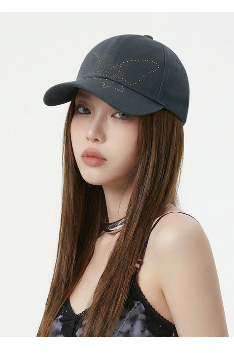 CACUSS Women's Baseball Cap Butterfly Rhinestone Cotton Soft Top Face Slimming Adjustable Strap Dark Gray 9