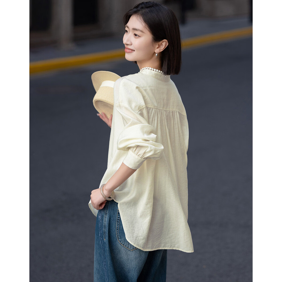 Demana [French Sister] Spring Elegant Stand Collar Half Placket Lace Ribbon Loose Slimming Shirt for Women High-End Feel