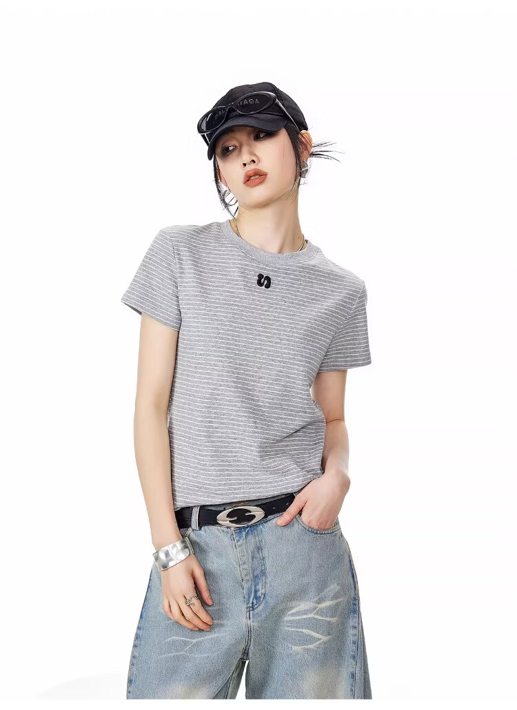 ICH MODE American Style Striped Slim Fit Short Sleeve T-Shirt for Women 2026 Summer New Hot Slim Shoulder Short Top White S 14