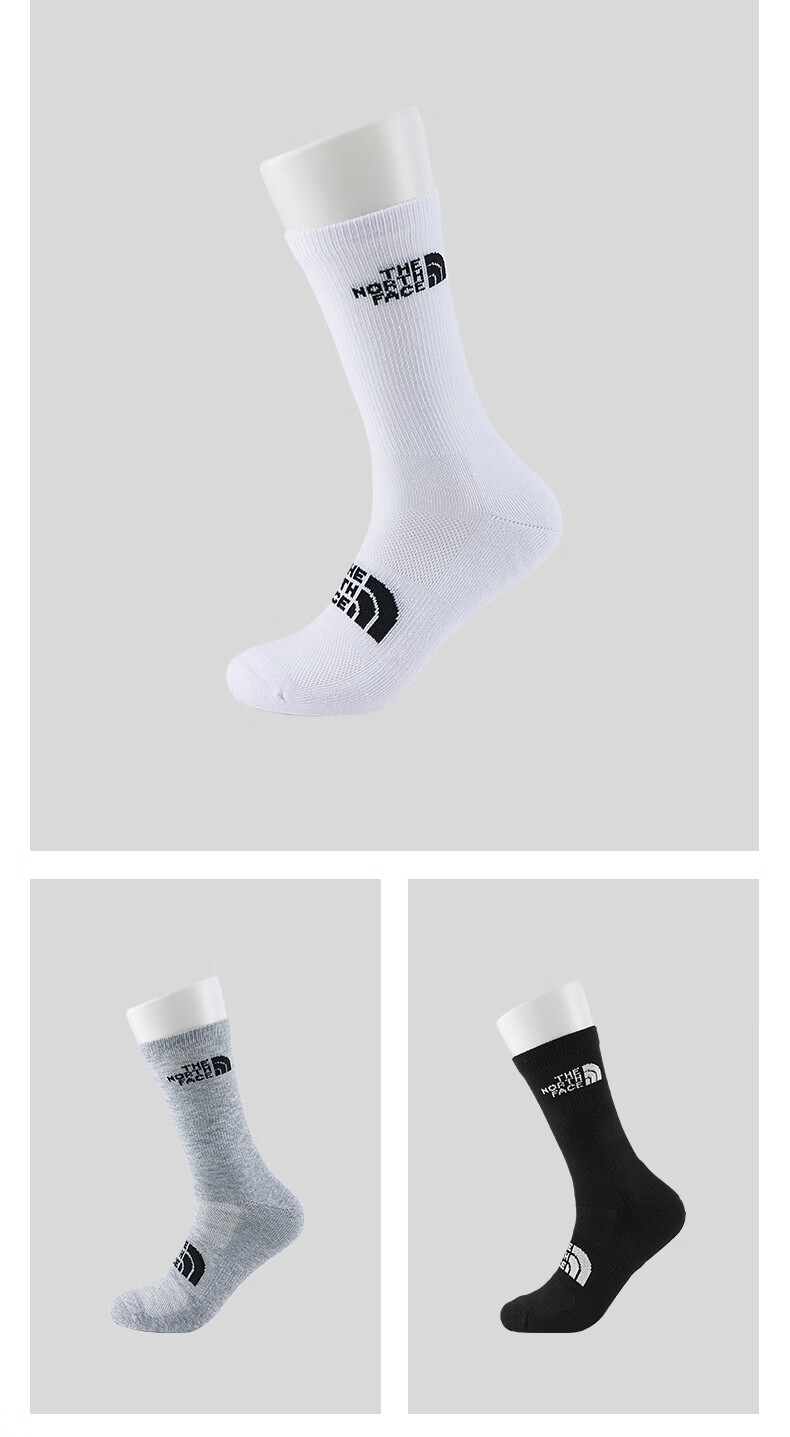 The North Face Mid-Calf Sports Socks Unisex Outdoor Breathable 3-Pack 8AMY Black/White/Gray/3G7 M 1