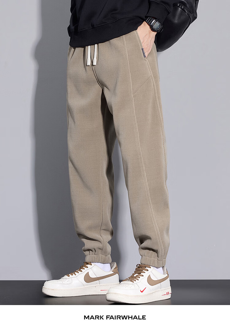 MARK FAIRWHALE Men's Casual Pants Spring Autumn Thick Warm Jogger Sweatpants Khaki M 5