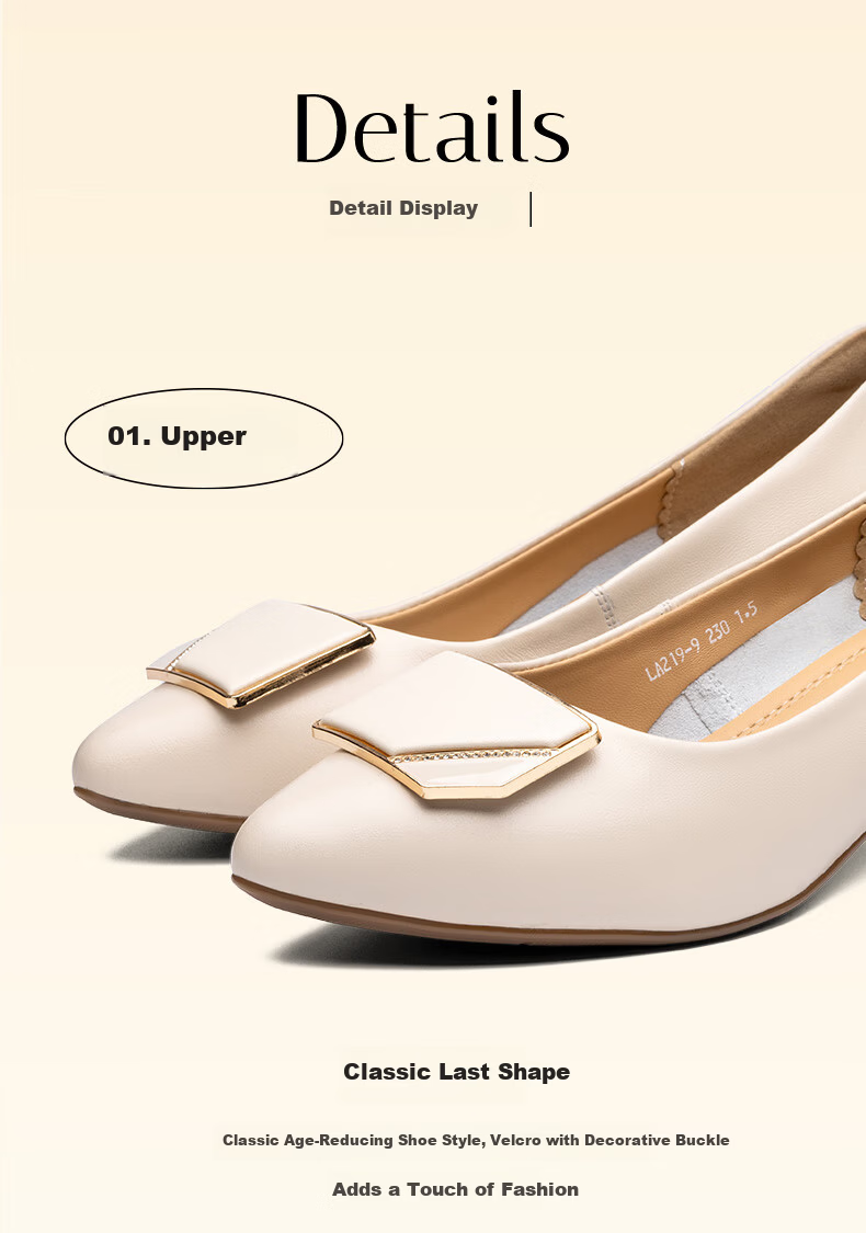 LAORENTOU Women's Fashion Professional Chunky Heel Low-Cut Buckle Mid-Heel Commuter Work Mom Shoes LA219 Beige Size 39 6