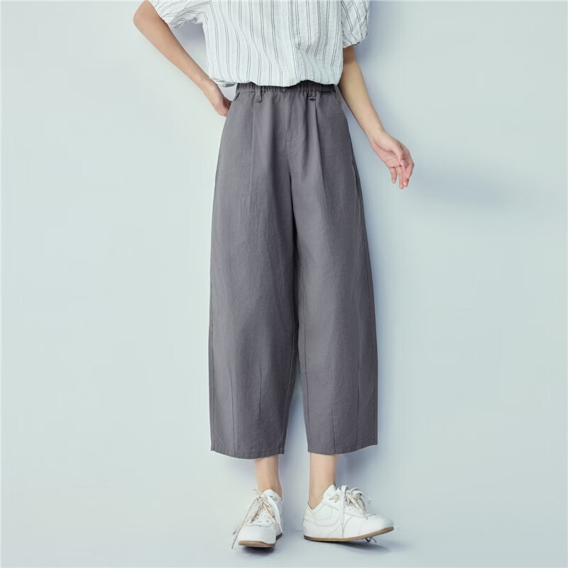 Giordano Women's Linen Pants 2026 Summer New Cotton Linen Elastic Waist Loose Cropped Curved Pants 13426316