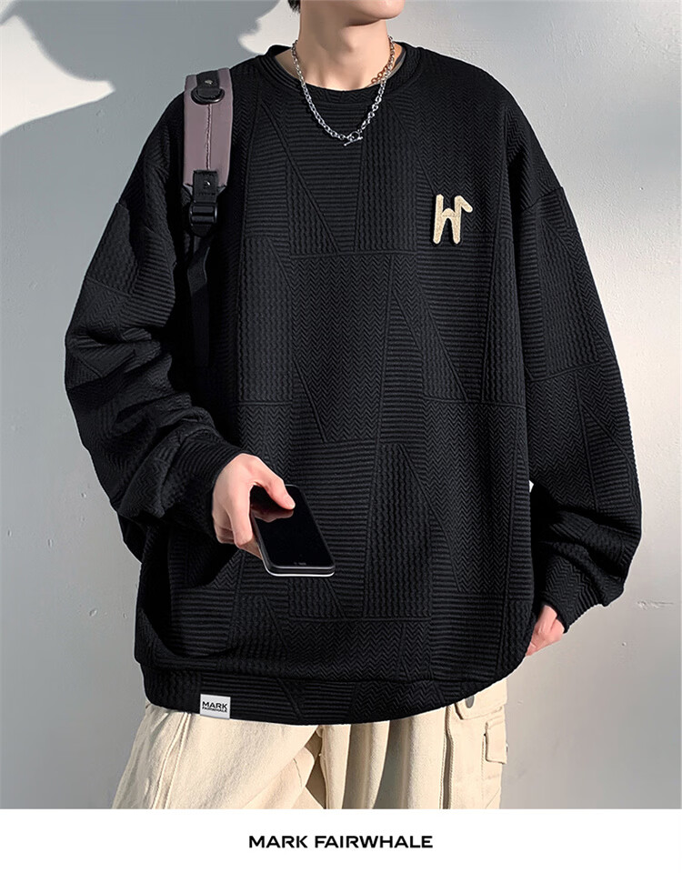 MARK FAIRWHALE Men's Sweatshirt Spring and Autumn Trendy Brand Crewneck Jacket Plus Size Loose Fit Black XL 6