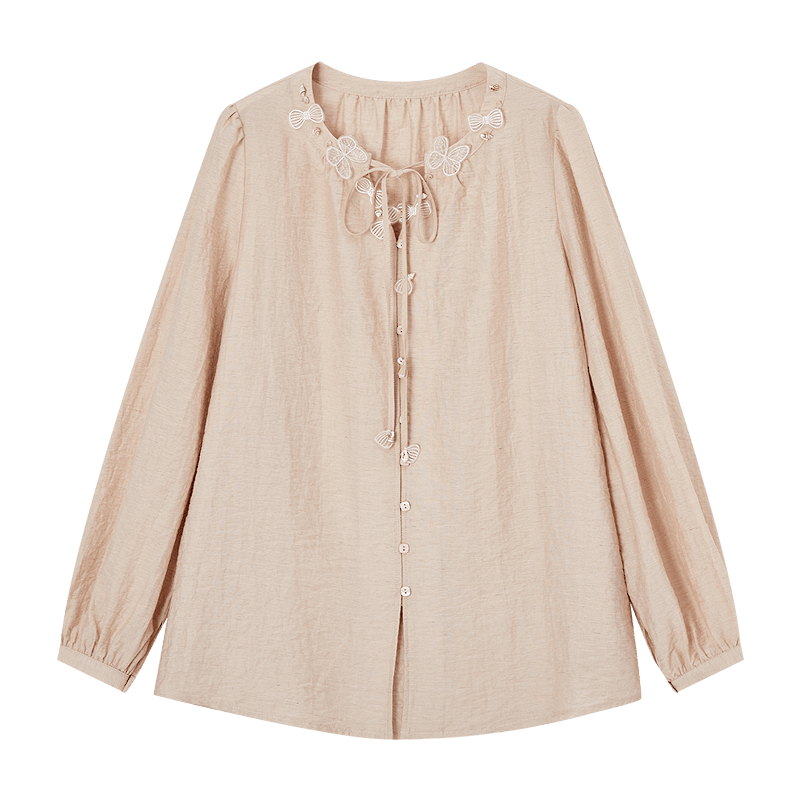 Demana [With Linen] Spring Sweet Style Ribbon Butterfly Shell Puff Sleeve Loose Fit Petite Women's Shirt