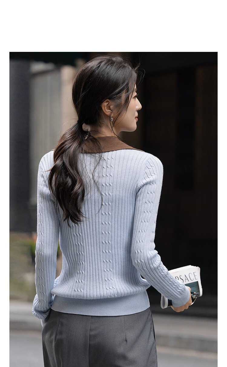 Demana [with Fluffy Tencel] Spring Elegant V-Neck Contrast Color Cable Knit Soft Stretch Women's Sweater 11