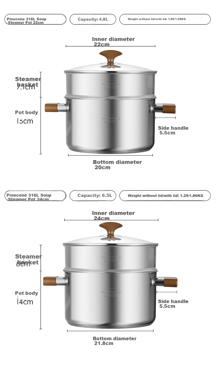 COOKER KING 316L Stainless Steel Soup Pot Baby Food Supplement Pot Stew Pot Steamer Double Handle Porridge and Noodle Cooking Pot 22cm 12