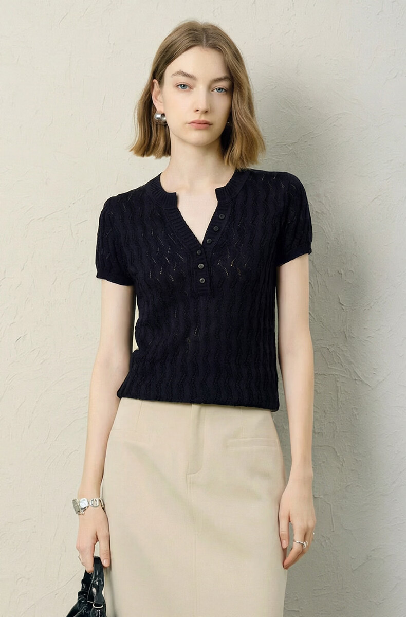 Yanyu Black Slim Fit Knit Top Women 2026 Summer High-End Vintage Style Short Sleeve Half-Open Collar Shirt Black S 16