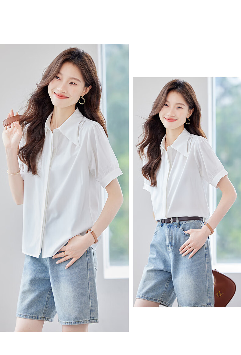 Jeanswest Women's Summer Vintage High-End Short Sleeve Loose Fit Versatile Professional Solid Color Shirt, Rose Red, Size L 7