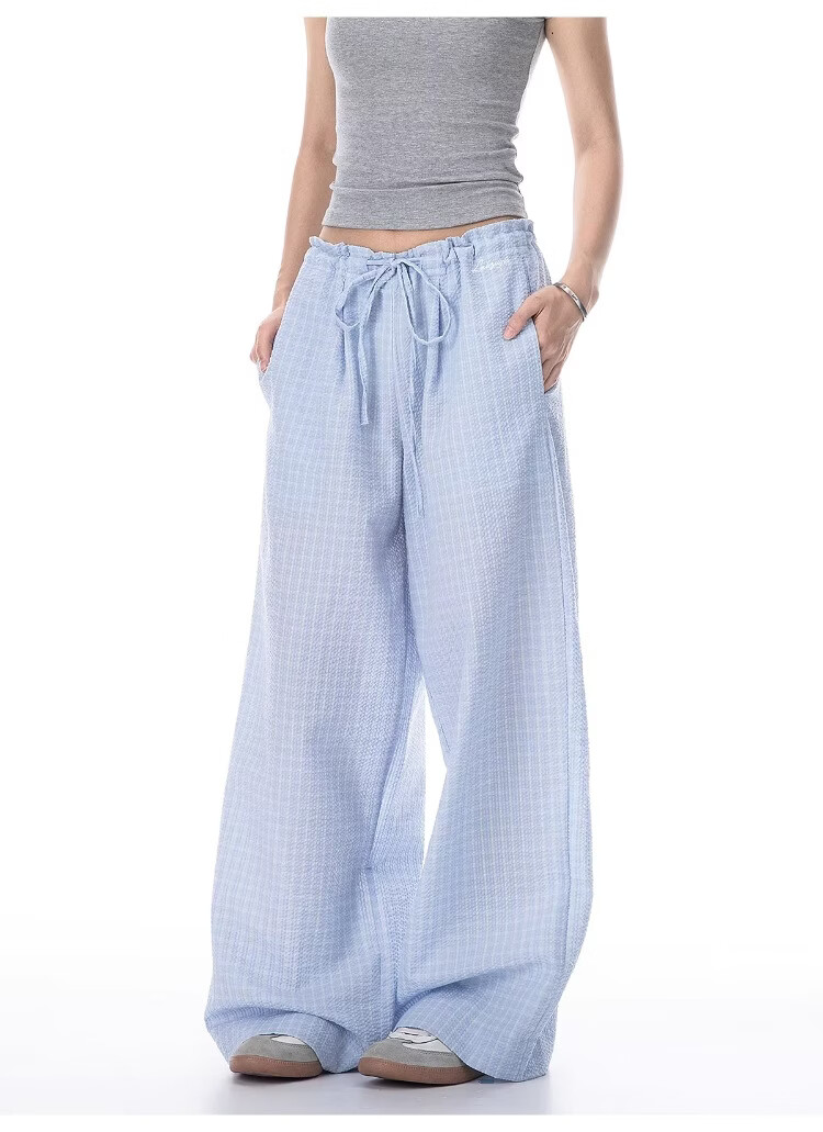 ICH MODE Women's American Style Plaid Summer Loose Wide-Leg Straight-Leg Sports Casual Pants Black XL 7