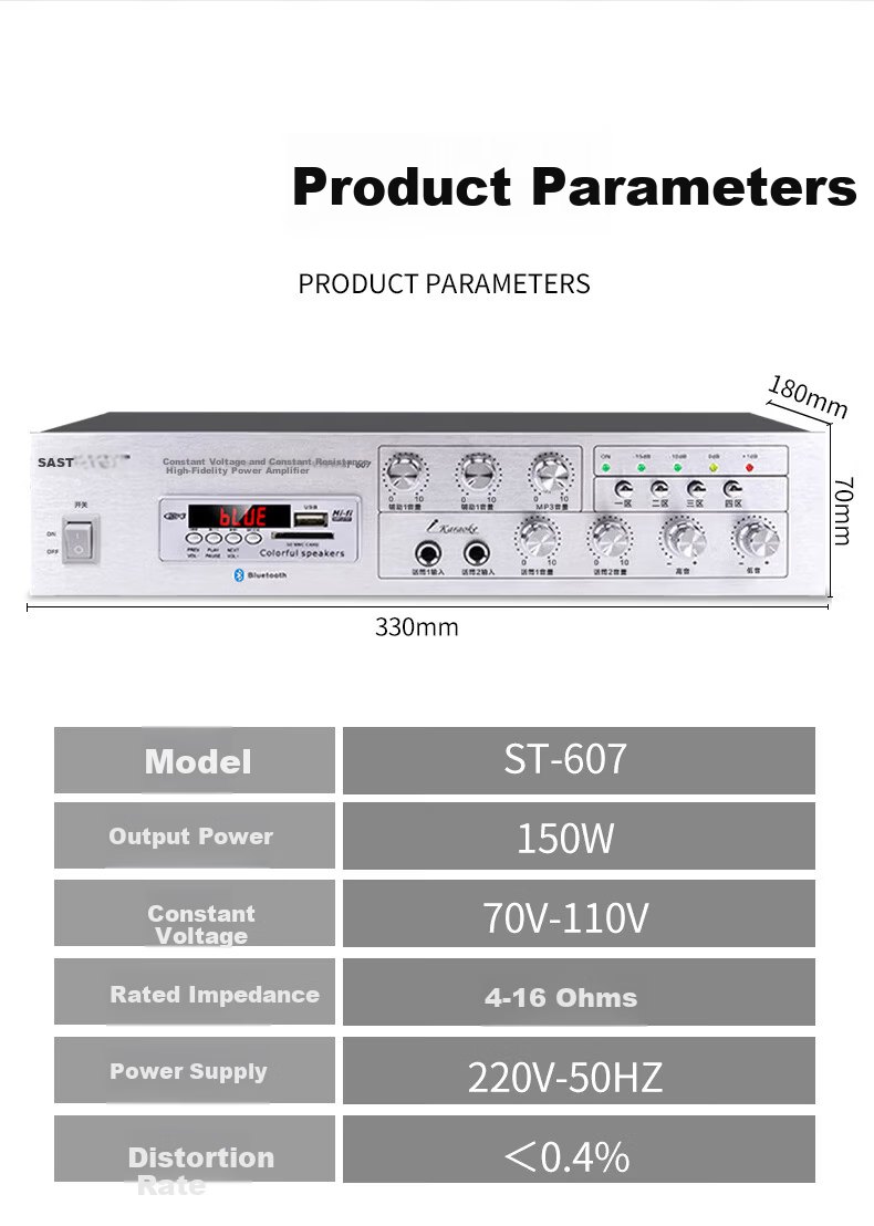 SAST 150W High Power Bluetooth Constant Voltage Amplifier Public Broadcasting Amplifier Ceiling Speaker Wall-mounted Sound Column Home Theater System ST-607 10