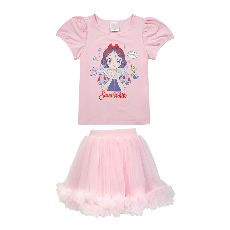 Disney 2026 New Summer Girls' T-Shirt and Skirt Set, Cartoon Snow White, Breathable and Cool, 150CM