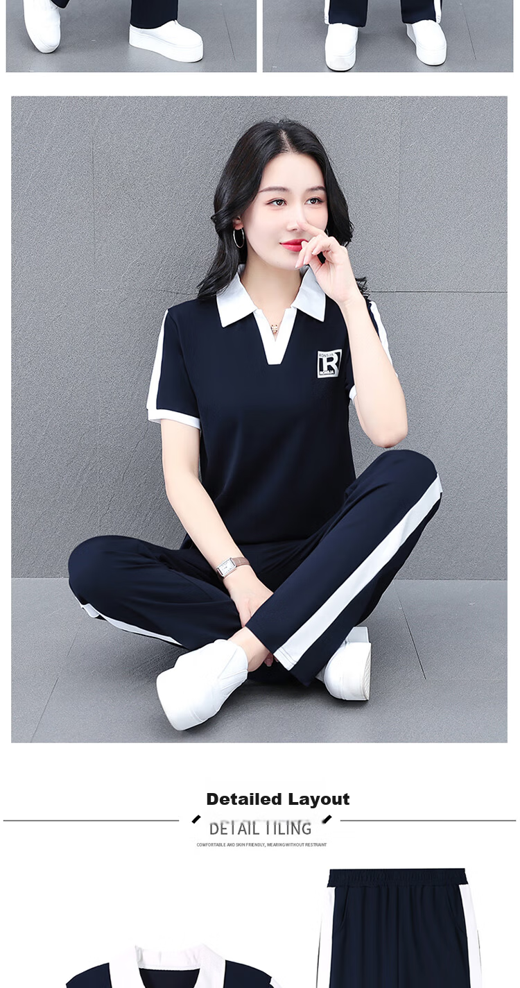Woodpecker Ice Silk Sports Set for Women Summer Plus Size Fashion Casual Versatile Middle-aged Mom Two-piece Set Black XL 15