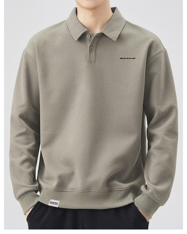 MARK FAIRWHALE Men's Sweatshirt Spring and Autumn Loose Casual Long Sleeve T-Shirt Men's Polo Collar Jacket Gray Green 3XL 1