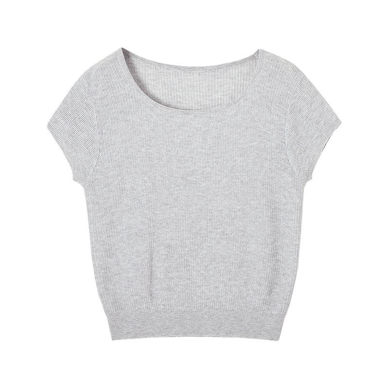 Demana Natural Linen Summer Elegant Round Neck Short Sleeve Loose Knit Top for Petite Women
