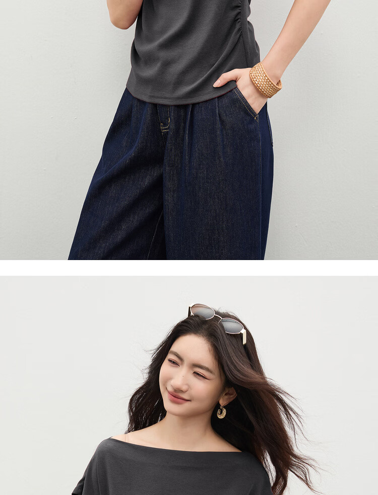 Shangdu Bila Back Waist Hollow Out Pleated Cotton Blend T-Shirt Women Spring Summer Petite Raglan Short Sleeve Slim Fit Top 13