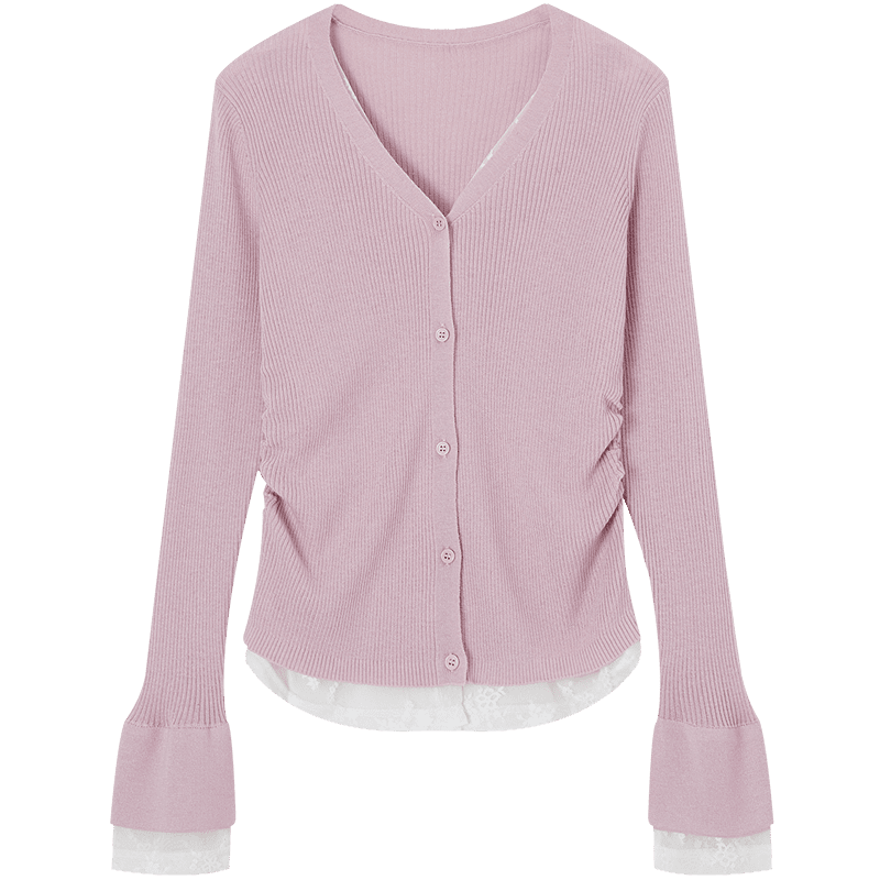 Demana Women's Slim Fit Spring V-Neck Knit Sweater with Lace Splicing, Faux Two-Piece Design, Mulberry Silk and Wool Blend