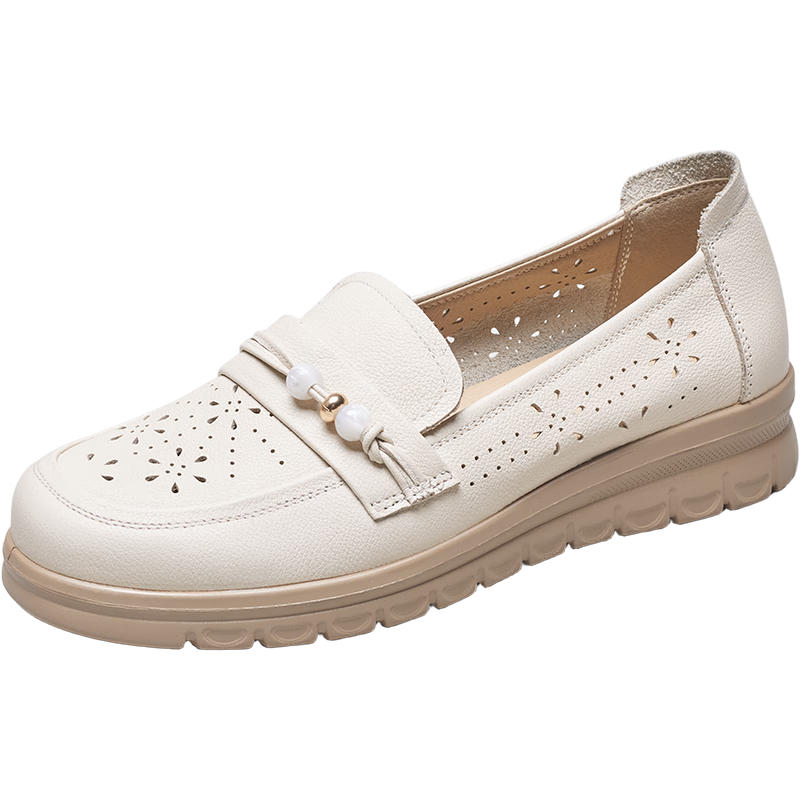 Eierkang 520 Gift Middle-aged and Elderly Slip-on Soft Sole Perforated Mom Shoes Casual Leather Shoes Off-white 36