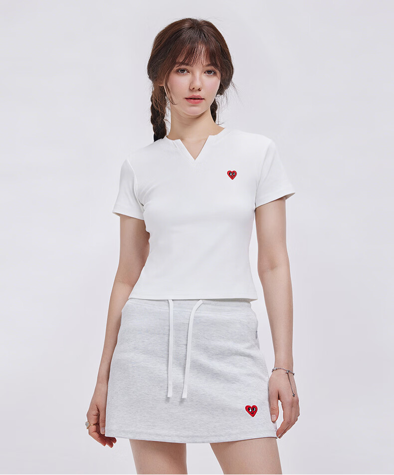 Charles Peach Heart Summer Simple Love Logo Women's V-Neck Short Sleeve T-Shirt Loose Waist Slim Casual Yellow S 5