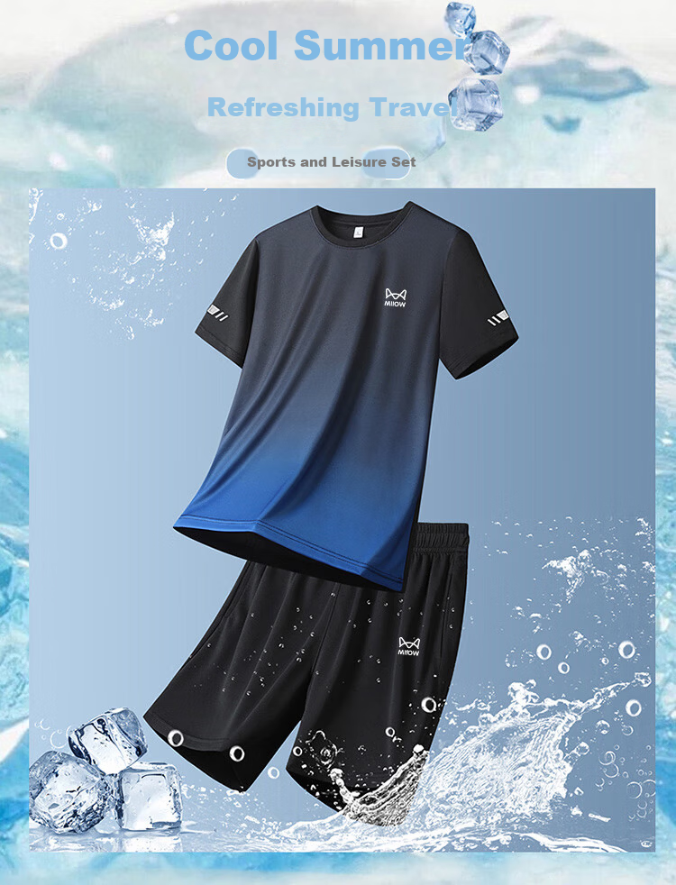 MiiOW Men's Summer Ice Cooling Breathable Crew Neck T-Shirt and Casual Versatile Five-Point Pants Two-Piece Set Black Gray XL 1