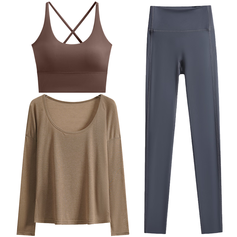 DRUR Fashion Wide Neck Yoga Set for Women, 3-Piece Lightweight Outerwear, Quick-Dry T-Shirt, Fitness Running Sports Suit Summer