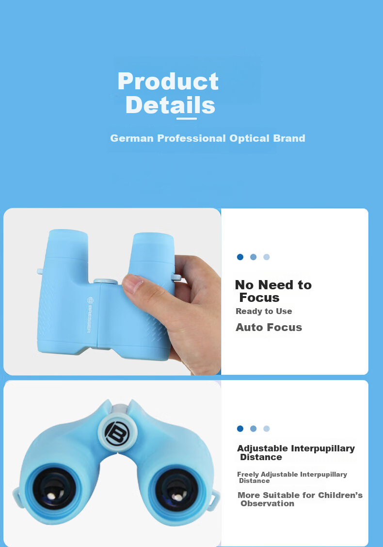 Bresser Germany Bresser 6x21 Fixed Focus Gray Binoculars for Children Ages 3-10 Compact Spring Festival Birthday Gift 12