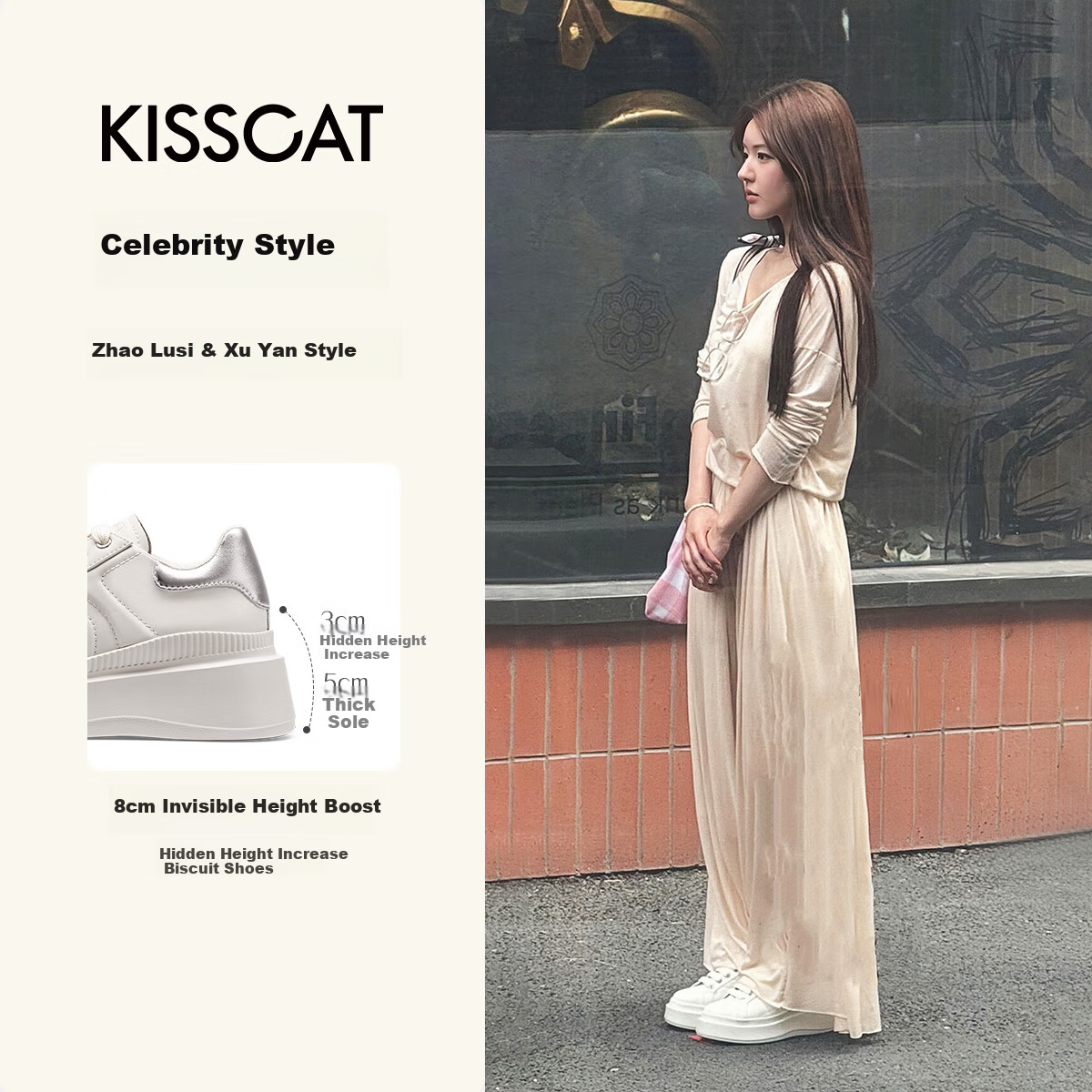 KISS CAT 8CM Height Increasing Long Leg Shoes Biscuit Casual Thick Sole White Sneakers Silver Size 36