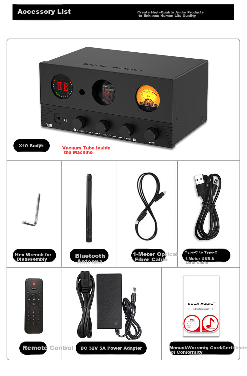 SUCA AUDIO Voice Actor Creation X10 High Power Amplifier Power Amplifier with Bluetooth USB Digital Decoder Preamplifier Headphone Amplifier HiFi Audiophile Tube Amplifier Home HiFi Amplifier 26