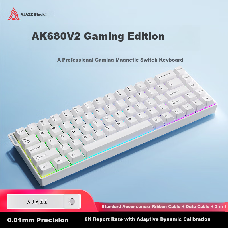 AJAZZ AK680V2 Magnetic Switch Customizable RGB Gaming Keyboard Hot-Swappable All-Key 8K Report Rate RT0.01 Valorant White Ice Island Switch
