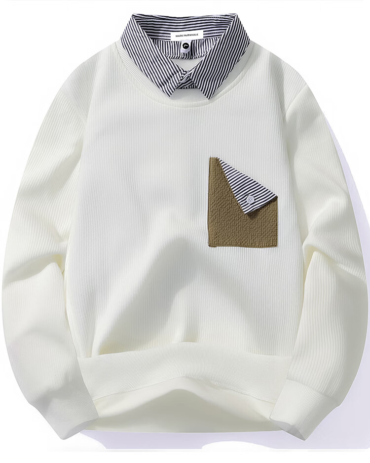 MARK FAIRWHALE Men's Sweatshirt Spring and Autumn Casual Two-in-One Long Sleeve T-Shirt Loose Fit Jacket Base Shirt Off-White XL 1