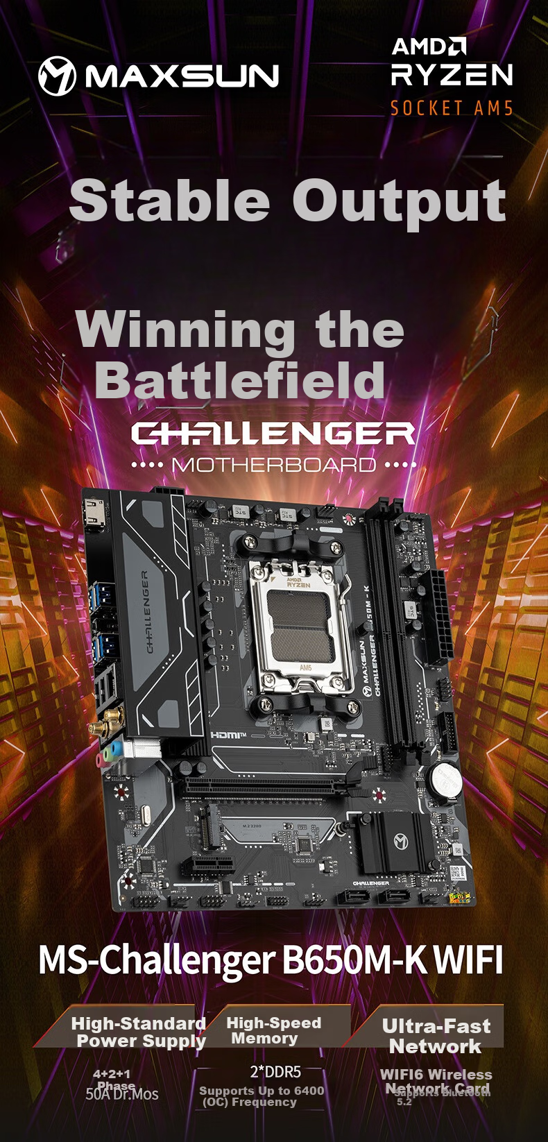 MAXSUN MS-Challenger B650M-K WIFI Motherboard DDR5 Support AMD CPU AM5 9500F/9600X/7500F (AMD B650/AM5 Socket) 1