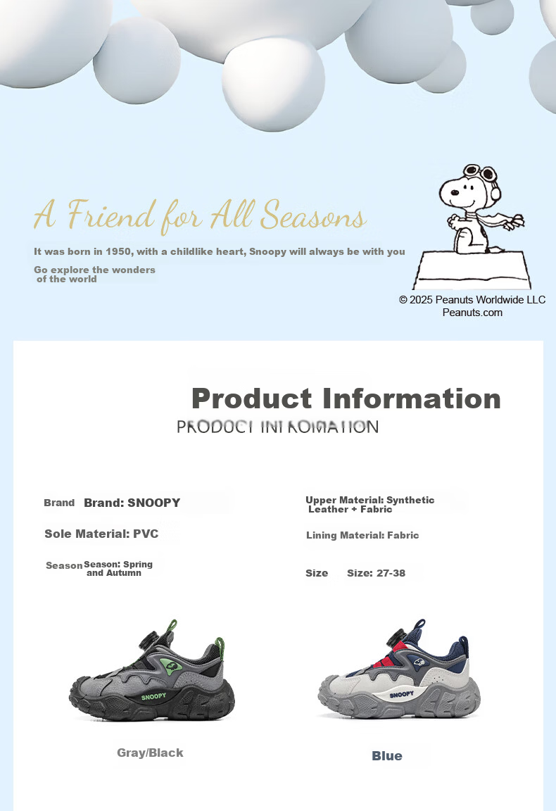SNOOPY Kids Running Shoes Spring Autumn Boys Lightweight Versatile Sports Shoes Outdoor Casual Shoes 0014 Gray/Black Size 34 1