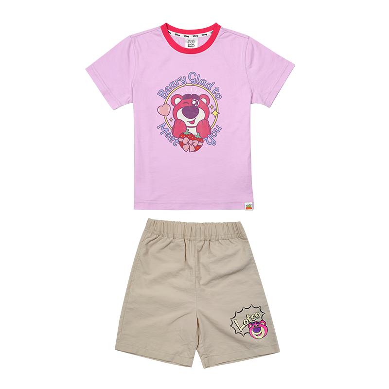 Disney 2026 New Summer Girls' T-Shirt and Shorts Set Cartoon Strawberry Bear Cotton Breathable 120CM