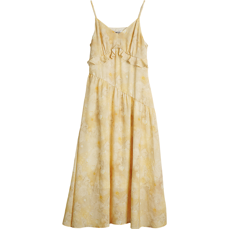 Olrain New Summer Yellow French Vacation Style Ruffle Tie-Dye Print Spaghetti Strap Dress Yellow S