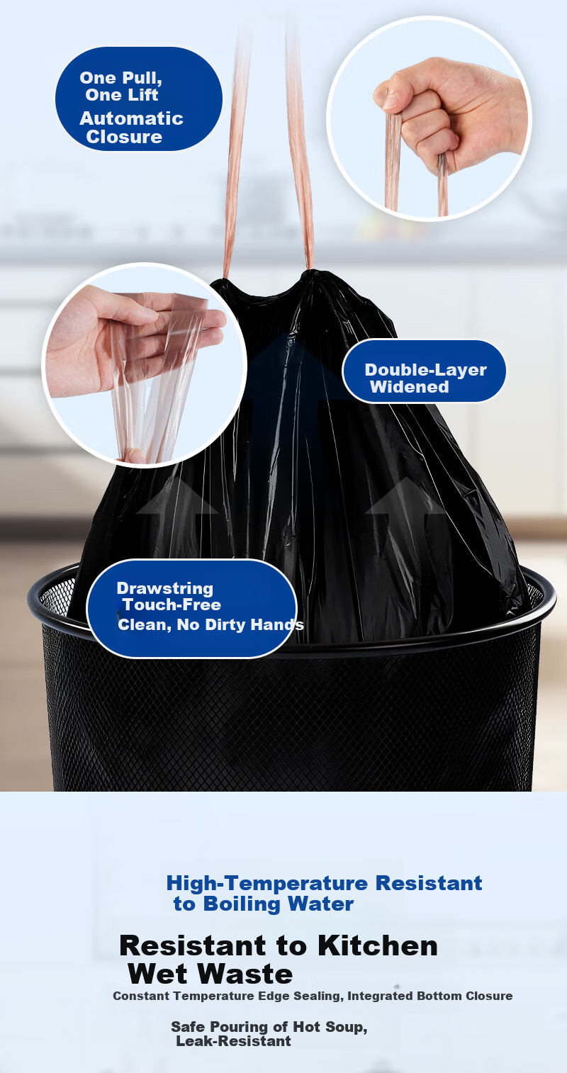 One's Member Black Steel Drawstring Tear-Free Garbage Bags 75pcs Medium Size Single Layer 1.8 Mil Thick Household Kitchen Plastic Bags 5