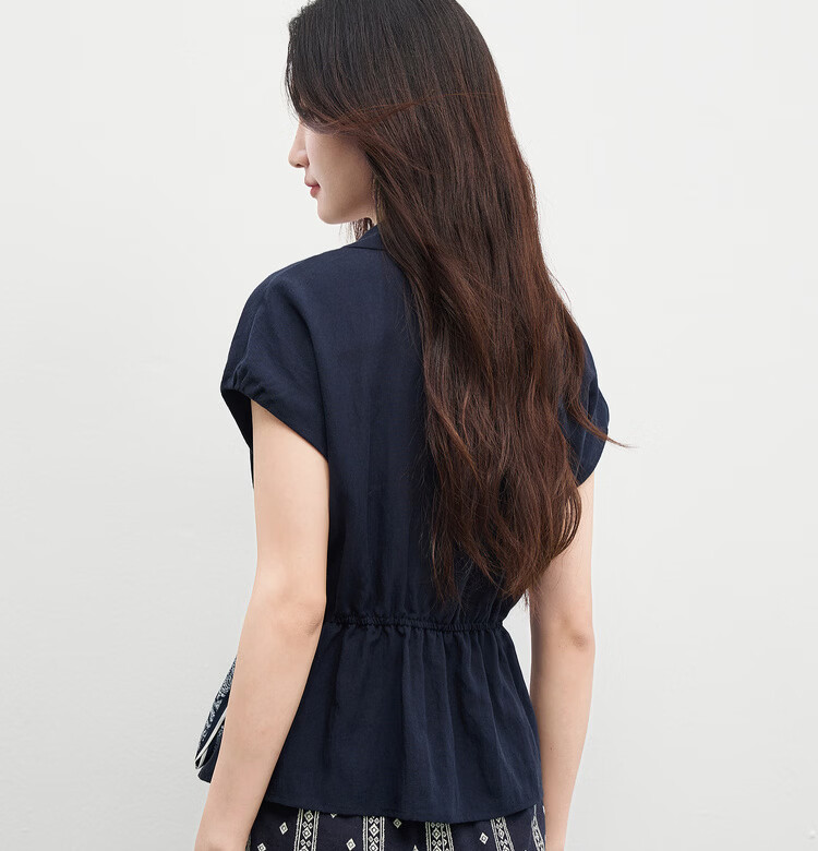 Shangdu Bila Linen Tencel Commuter Shirt Women Spring Summer Printed Tie Pleated Waist Slimming Blouse Turn-down Collar Top 13
