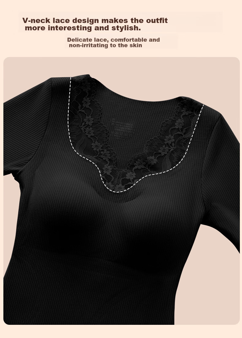 OEING Women's Thermal Underwear Lace V-Neck with Chest Pad Bra-Free Versatile Base Layer Autumn Warm Set 11